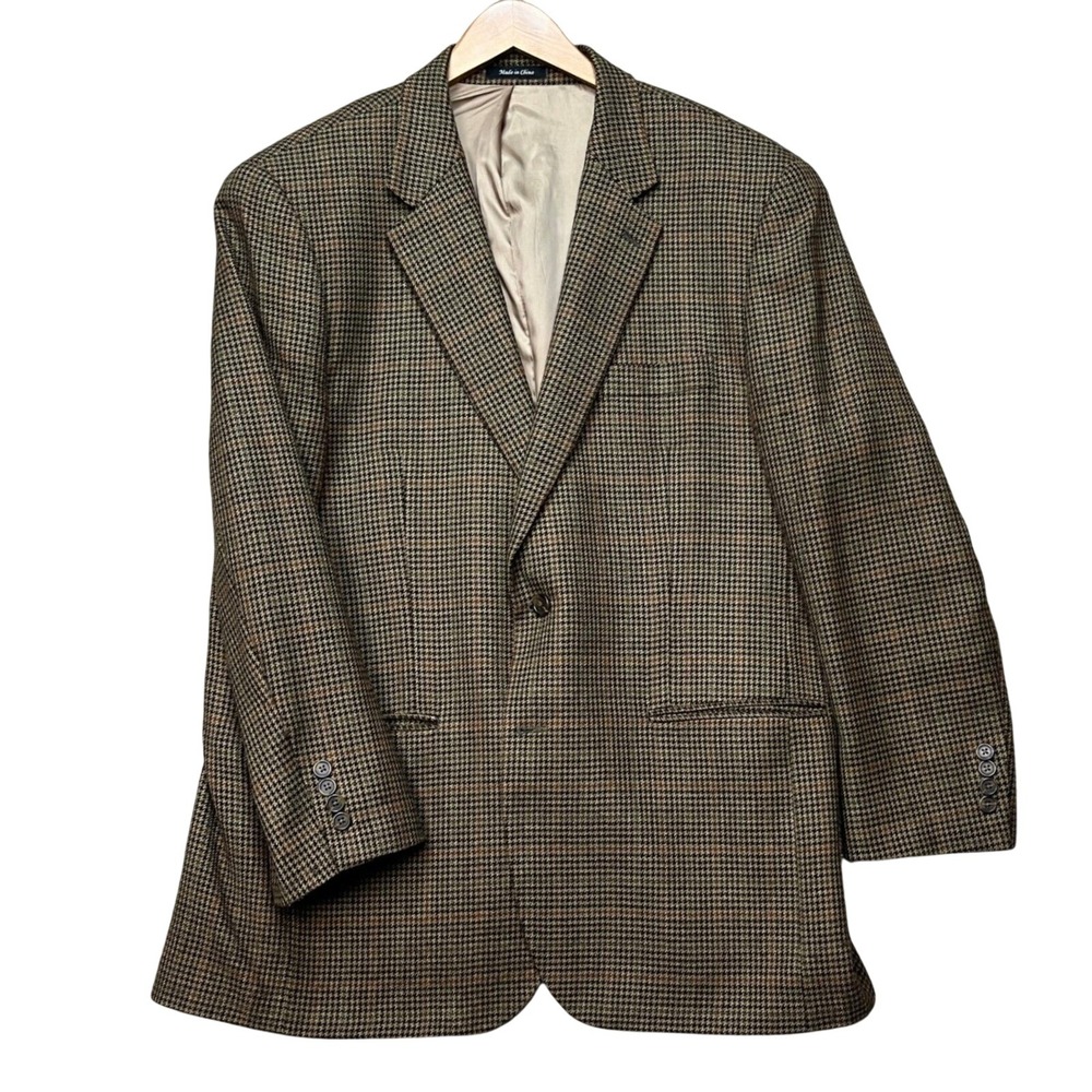 Lauren Ralph Lauren Sport‎ Coat Mens 44R Brown Houndstooth Lambswool Blazer EUC